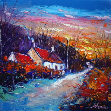 Winter Sunset Dunrostan Cottage Knapdale Argyll 12x12